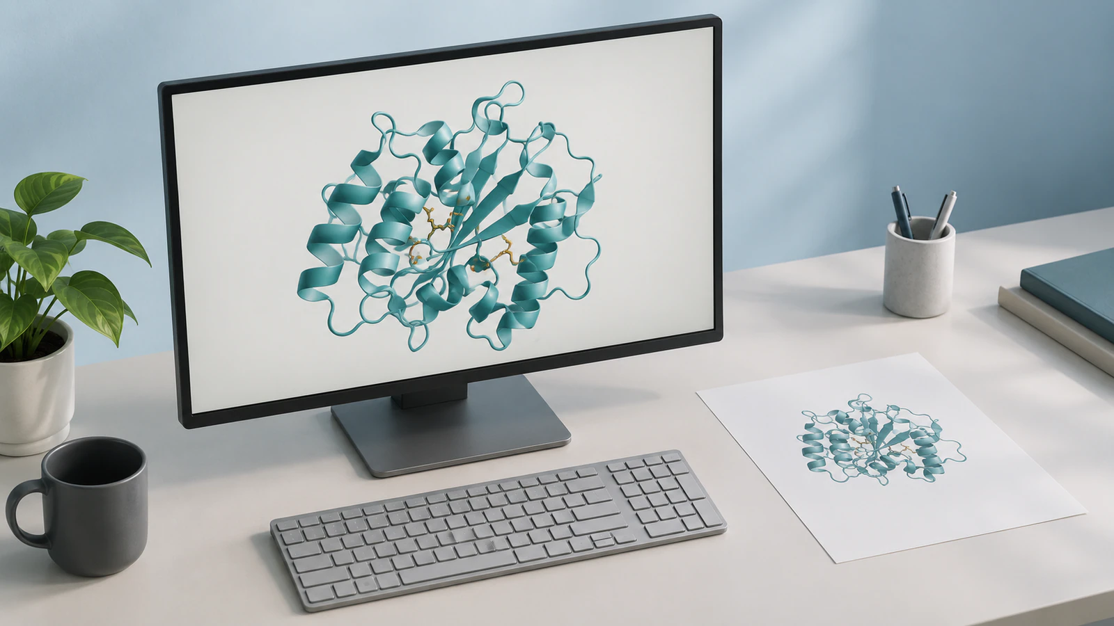 Conceptual protein figure shown on a plain workstation display and as a smaller printed image on a desk