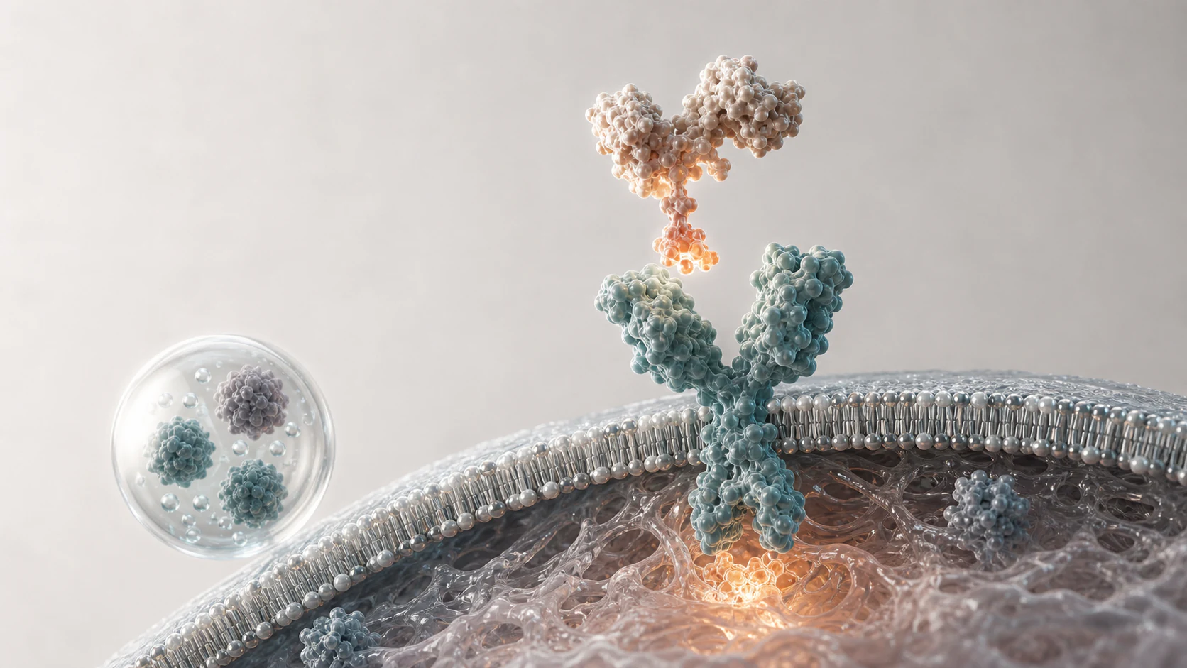 3D render of a therapeutic molecule engaging a membrane receptor in a clinical evidence scene.