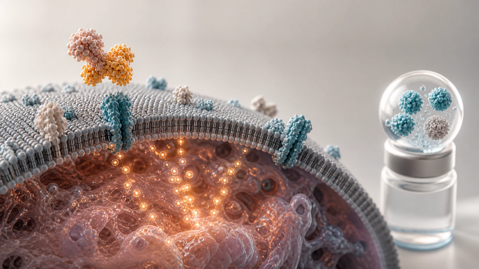 3D render of biomarker signals emerging from a target tissue membrane beside an abstract sample vessel.