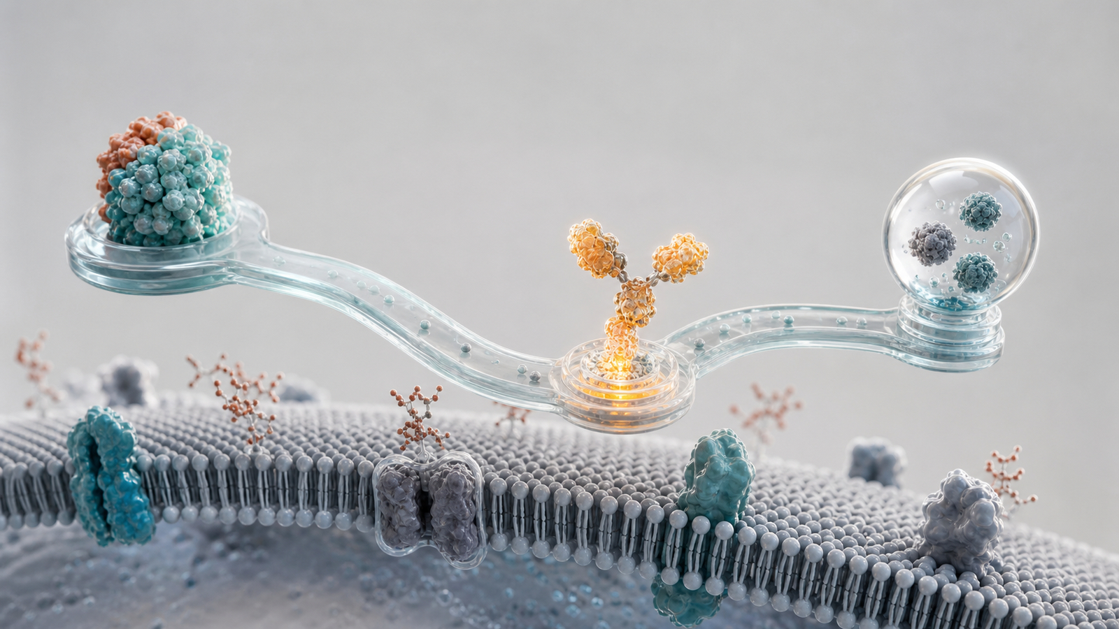 3D render of a clinical trial patient journey pathway crossing a cell membrane with biomarker checkpoints.