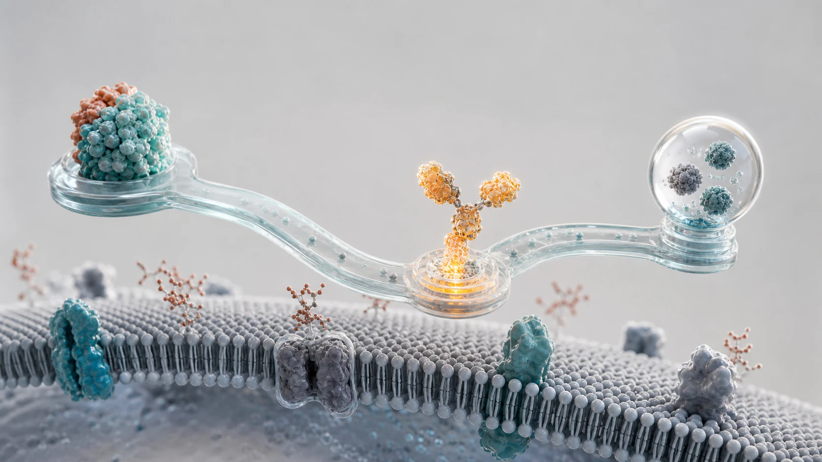 3D render of a clinical trial patient journey pathway crossing a cell membrane with biomarker checkpoints.