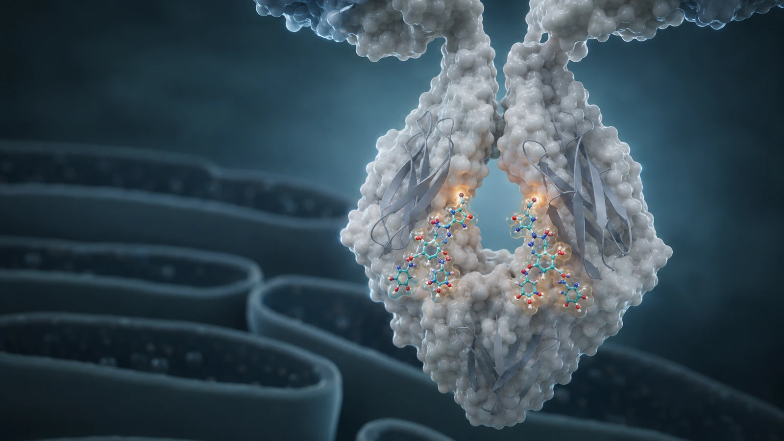 Pearl IgG1 Fc region with paired N-linked glycans between the CH2 domains against a muted teal Golgi context.