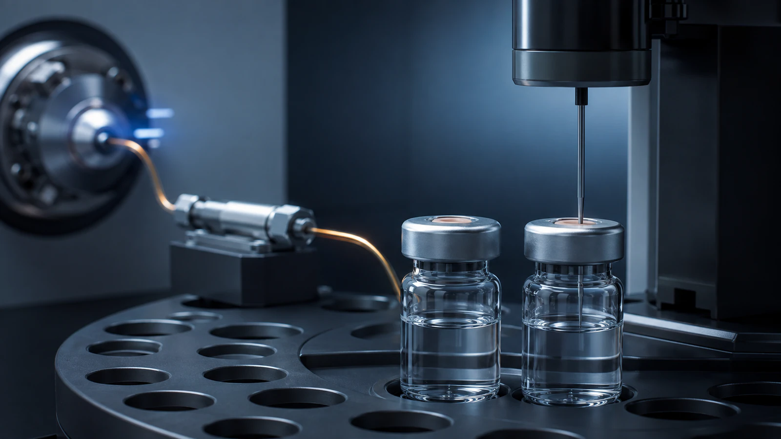 Two sealed monoclonal-antibody sample vials analyzed through the same LC autosampler path under matched conditions.