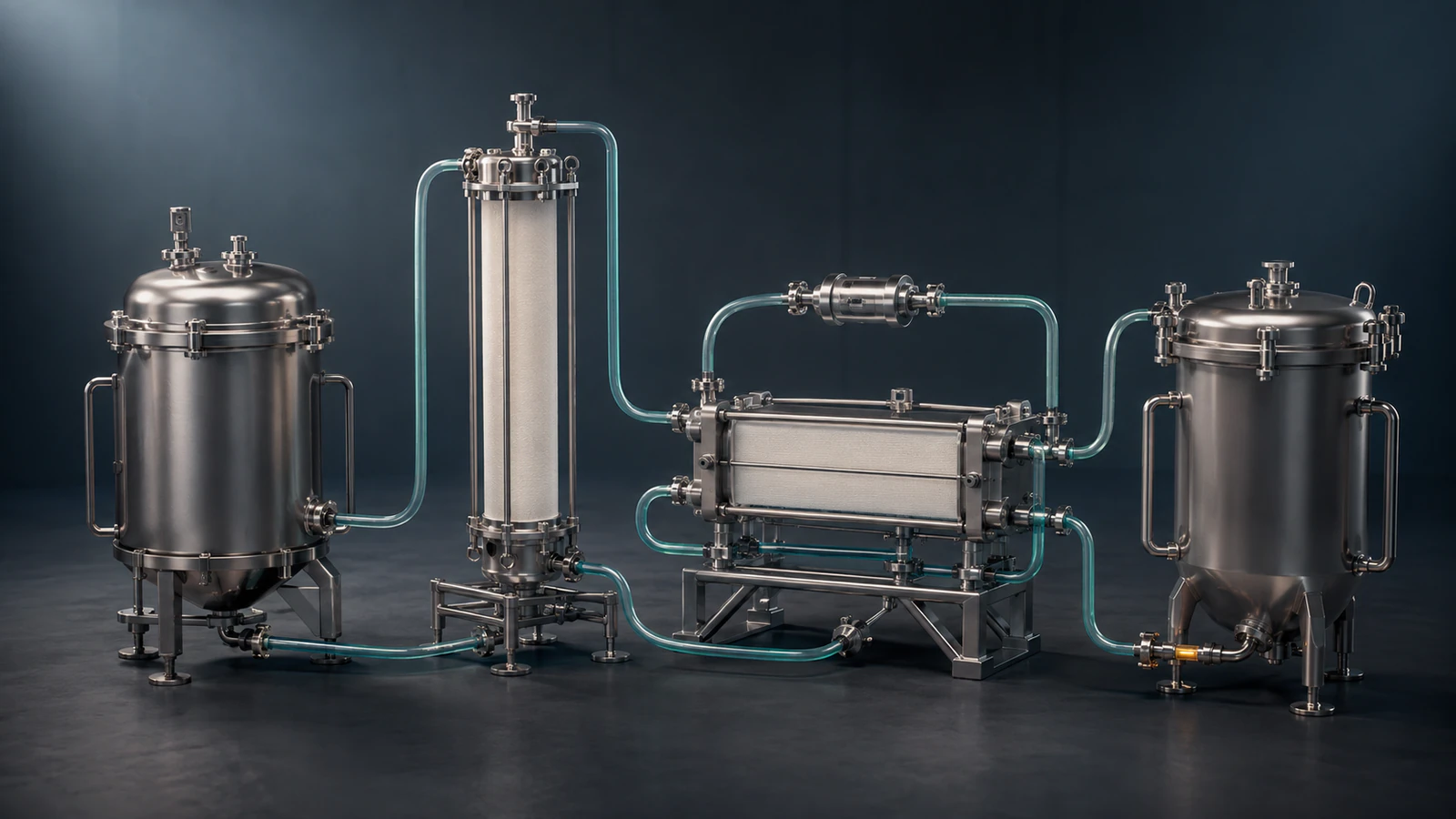 Closed clarified-harvest vessel connected to protein A chromatography, tangential-flow filtration, and final collection.
