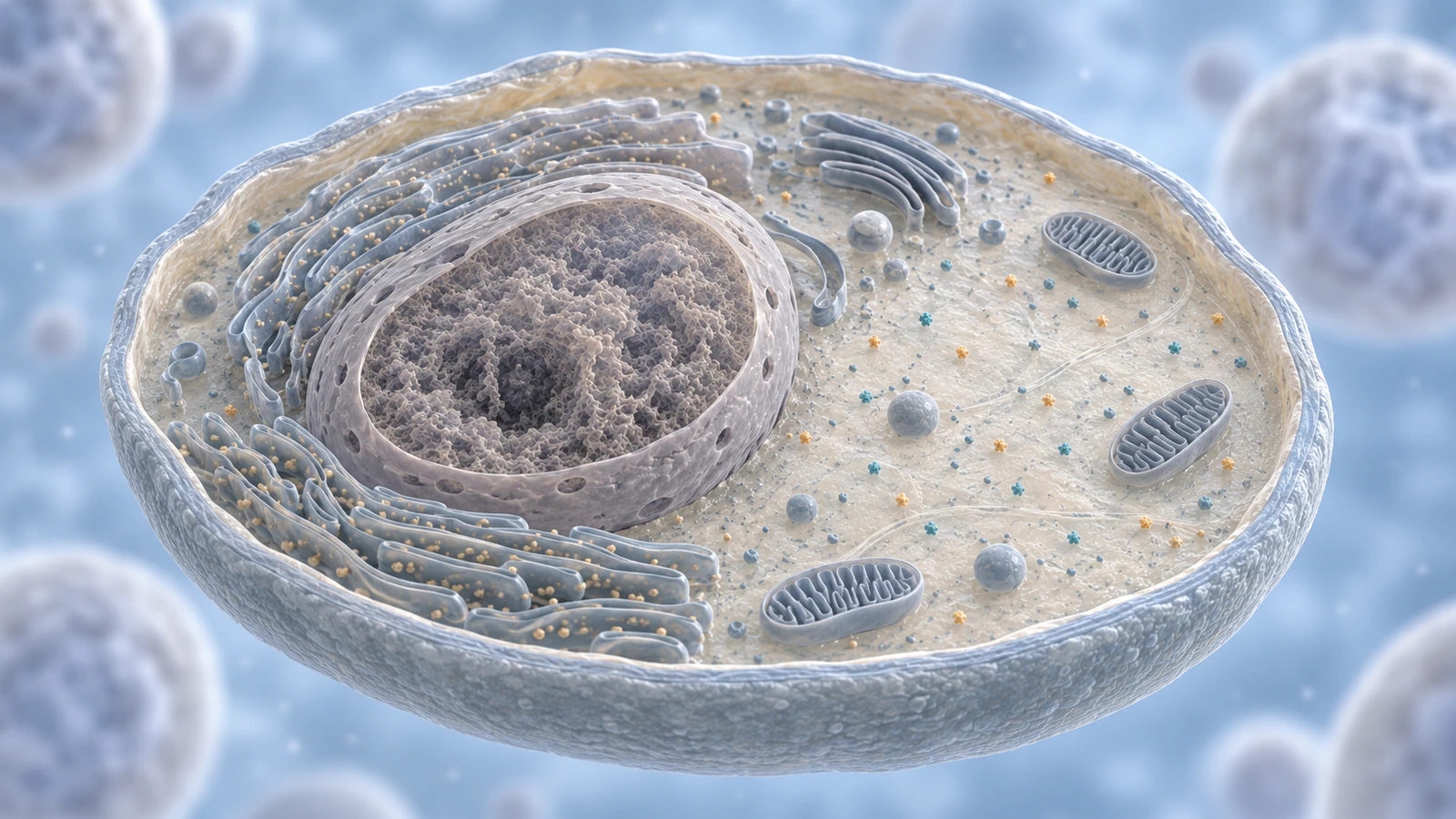 Two conceptual protein populations distributed through a shared cellular region near a nucleus