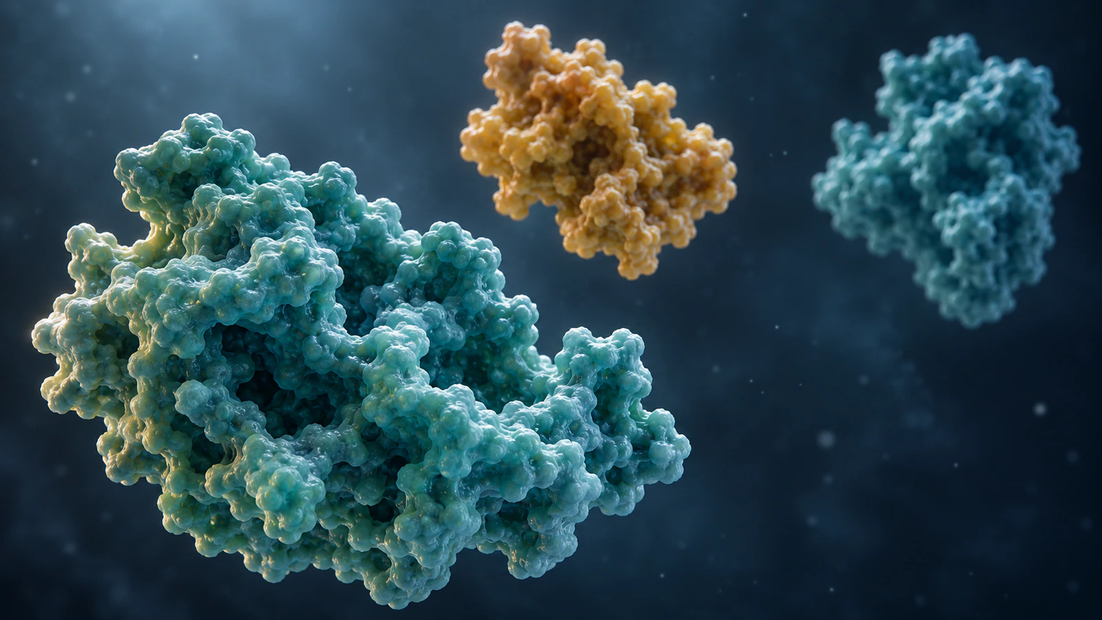 Teal and amber conceptual protein surfaces separated in depth in an oblique view