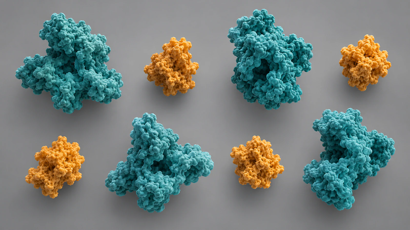 Independent teal and amber protein populations viewed from above with visible spaces