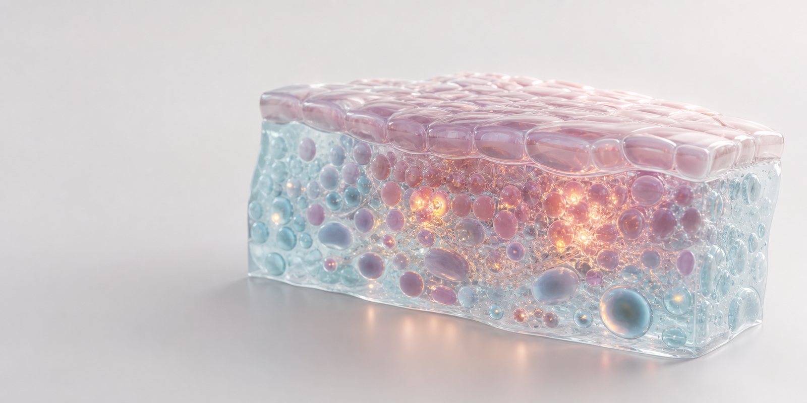 Pastel translucent tissue assay block with amber companion diagnostic biomarker signals
