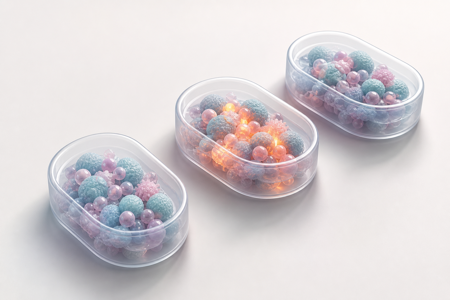 Three glossy pastel tissue assay pods showing patient selection biomarker signal differences