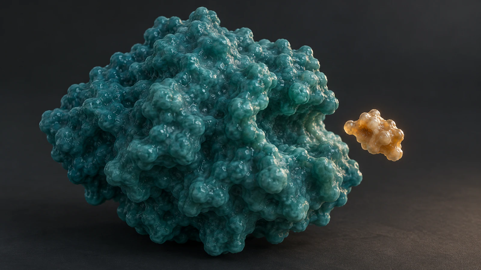Small amber inhibitor separated by a visible gap from an empty cleft in a teal conceptual enzyme envelope