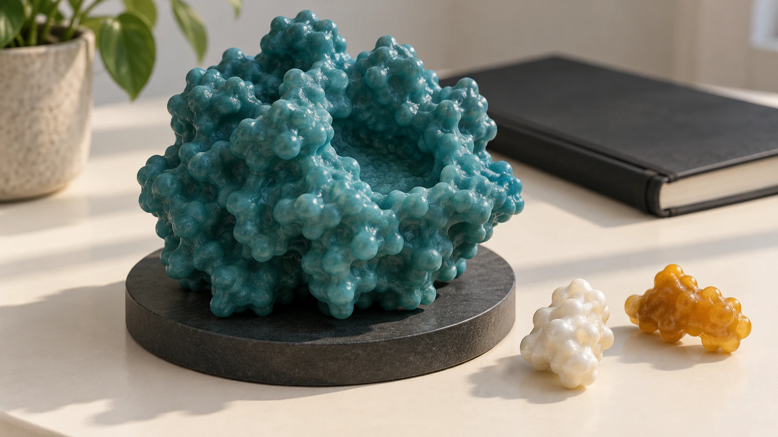 Teal physical enzyme teaching model on a graphite base with separate pearl substrate and amber inhibitor models