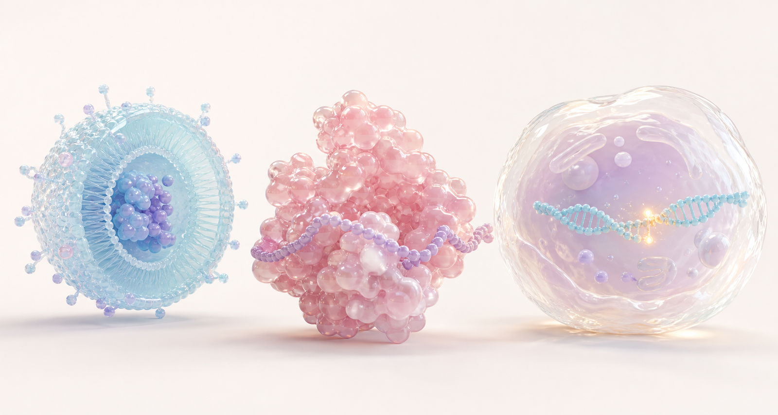 Pastel 3D CRISPR delivery particle Cas complex and nucleus module for gene editing animation planning