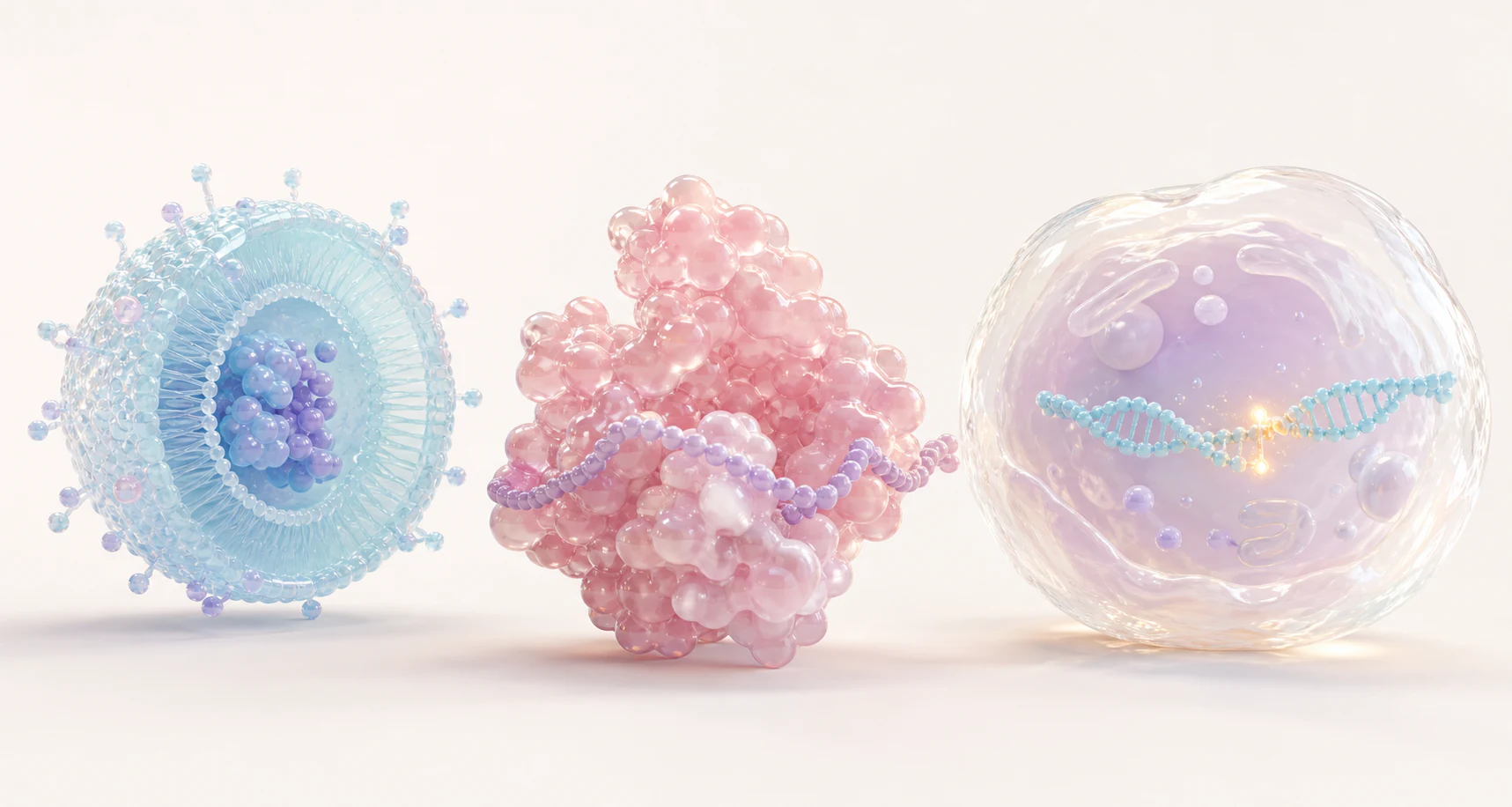 Pastel 3D CRISPR delivery particle Cas complex and nucleus module for gene editing animation planning