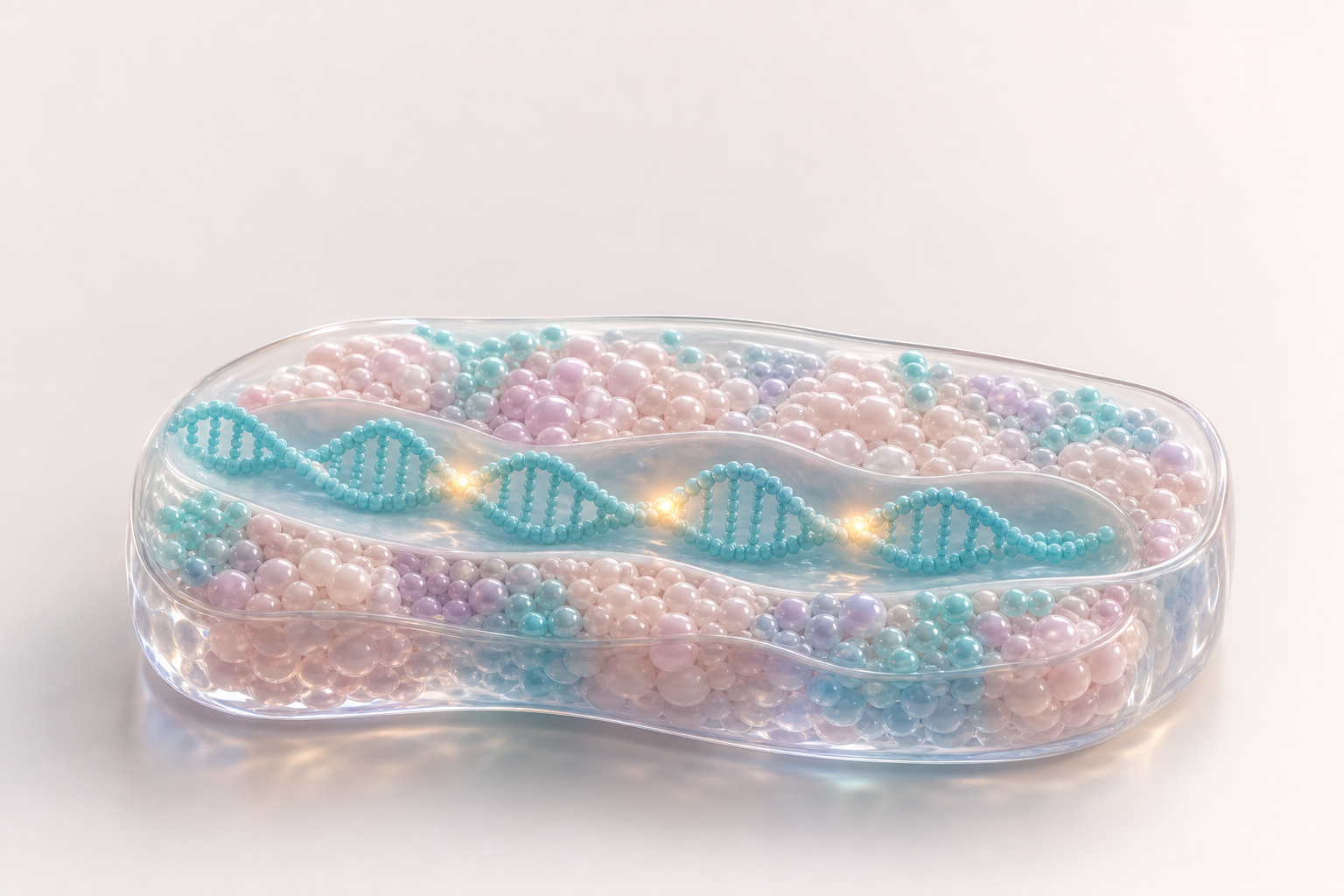 Glossy translucent tissue-like slab with cyan DNA ribbon and gold edit glows for CRISPR repair outcomes