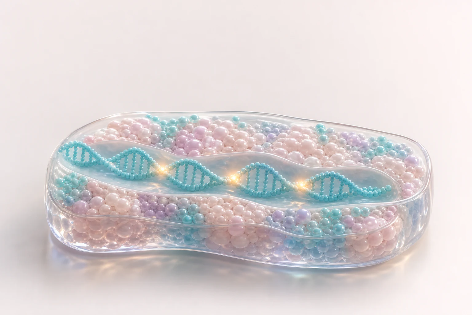 Glossy translucent tissue-like slab with cyan DNA ribbon and gold edit glows for CRISPR repair outcomes