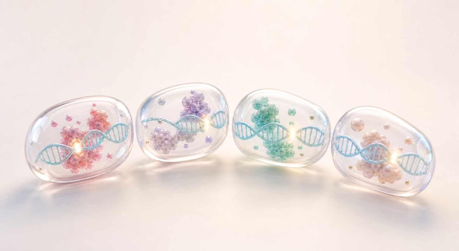 Four transparent pastel capsules with DNA ribbons representing reusable CRISPR visual modules