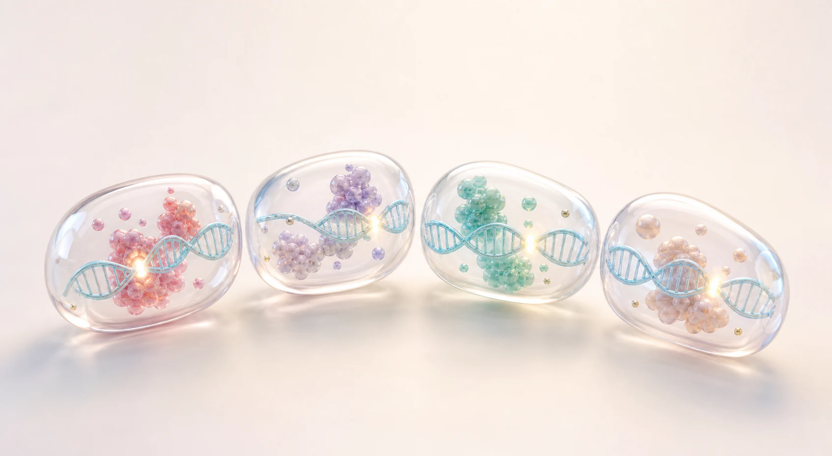 Four transparent pastel capsules with DNA ribbons representing reusable CRISPR visual modules