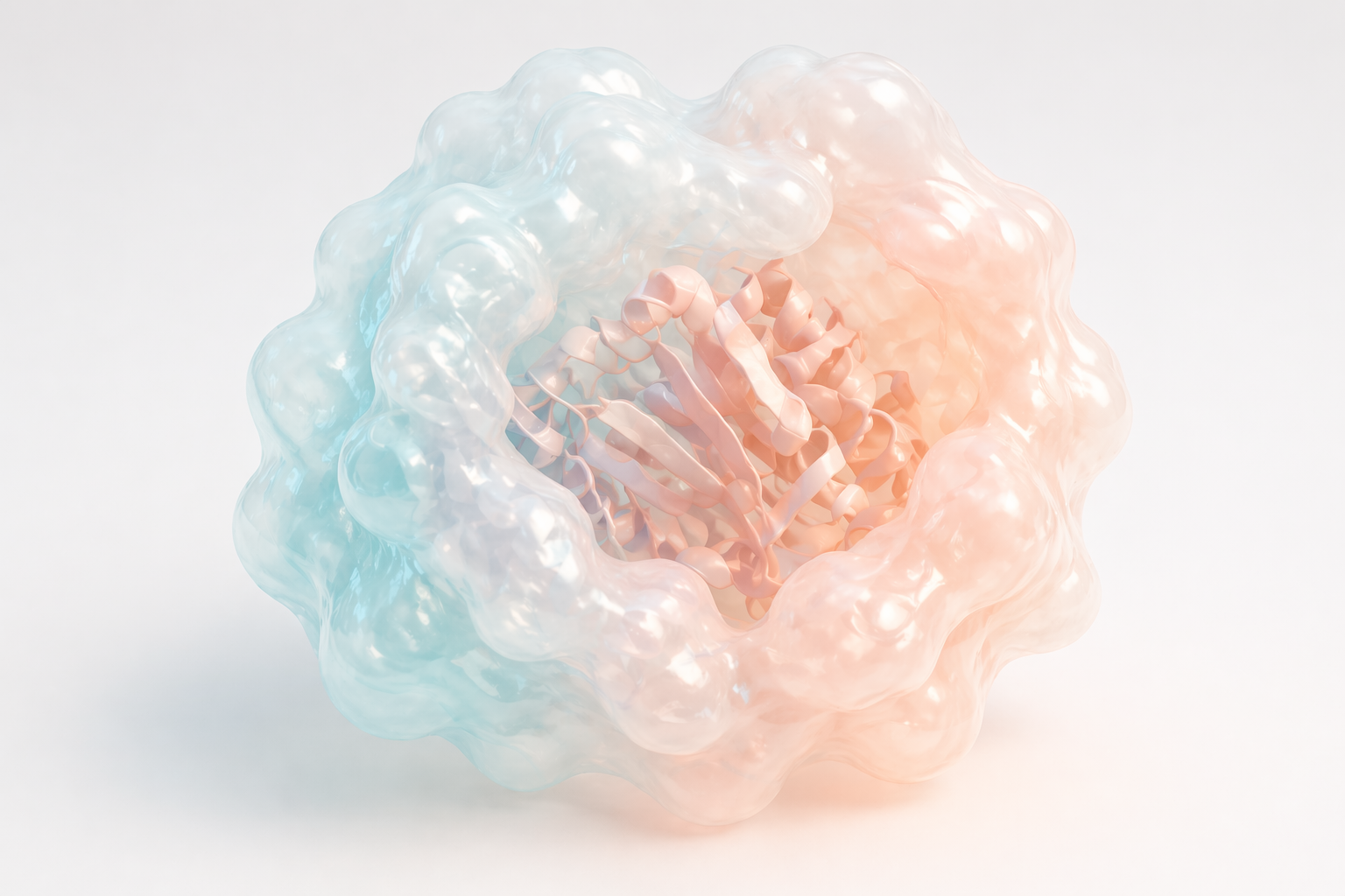 Pastel translucent cryo-EM density shell opening around a protein-like core on a clean studio background