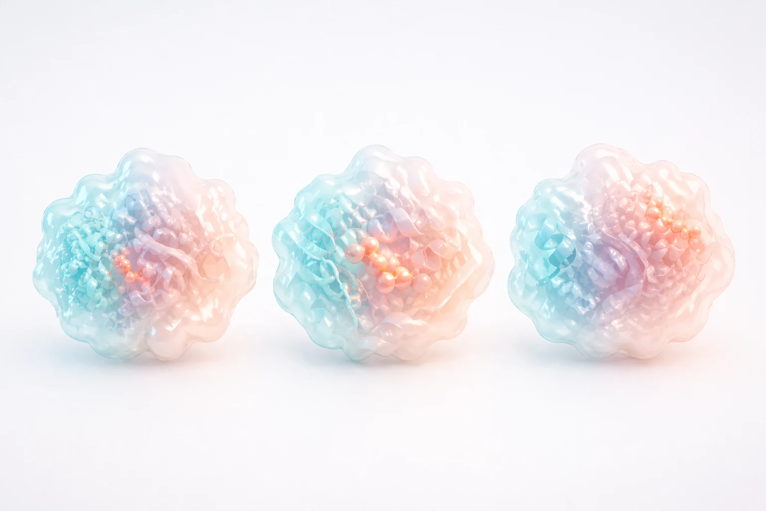 Three aligned pastel cryo-EM style forms showing a gradual structural state progression