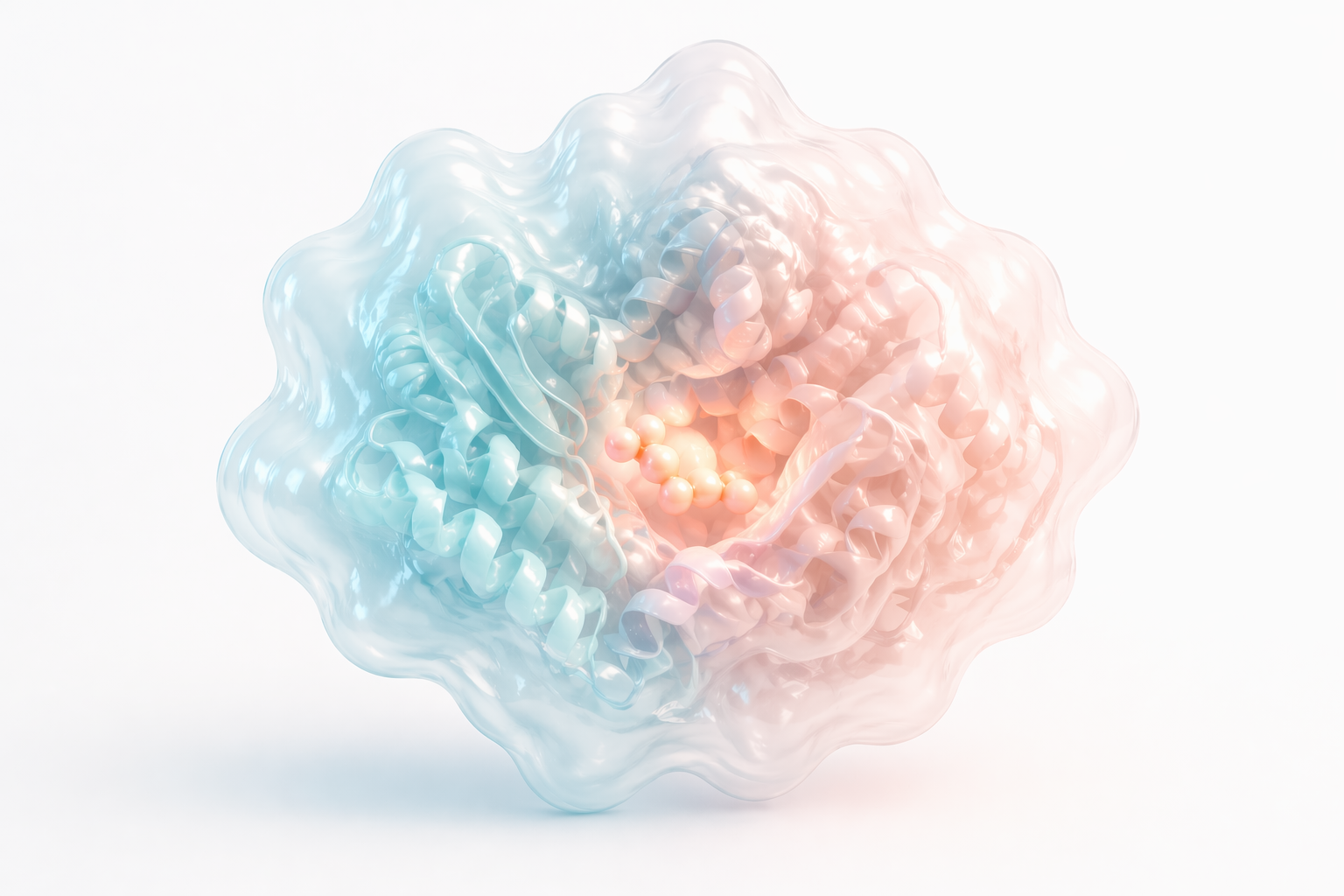 Pastel translucent structural render with a glowing ligand-like cluster in a clear pocket