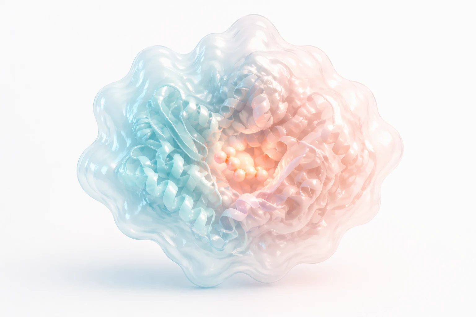 Pastel translucent structural render with a glowing ligand-like cluster in a clear pocket