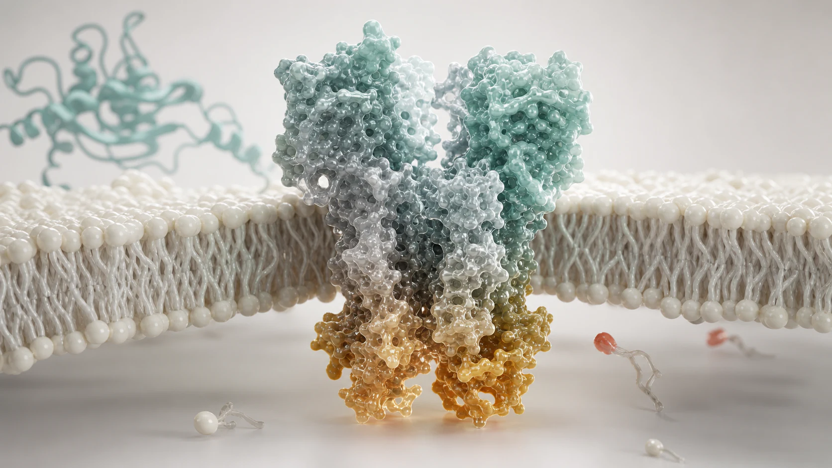 Wide 3D render of a membrane receptor resolved from a translucent cryo-EM density map.