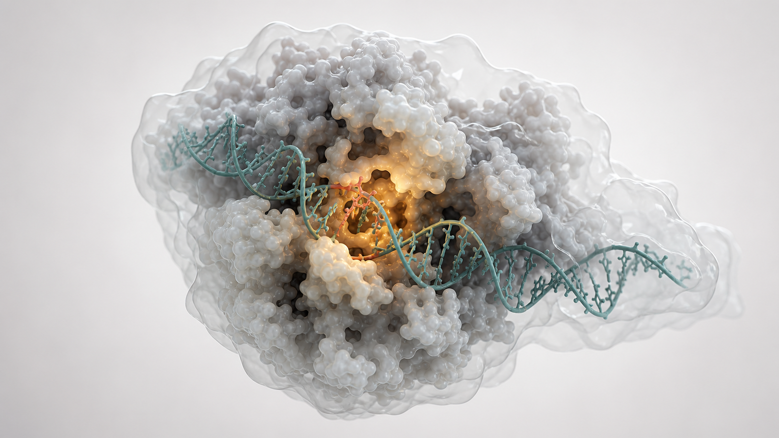 Wide 3D render of a ribonucleoprotein complex inside a translucent cryo-EM density envelope.