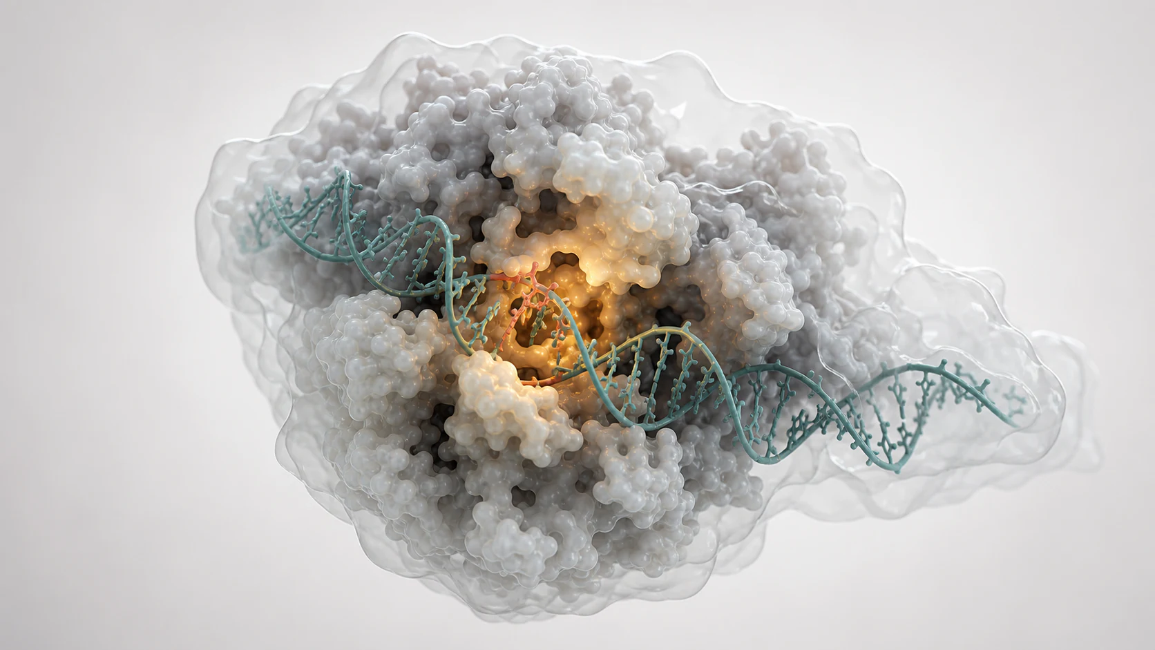 Wide 3D render of a ribonucleoprotein complex inside a translucent cryo-EM density envelope.