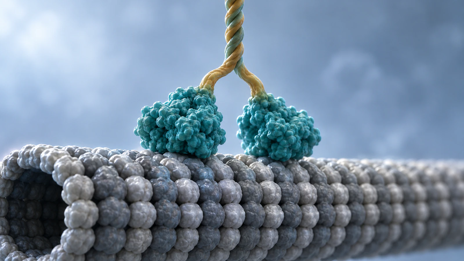Two teal motor heads connect through neck linkers to a shared stalk above a silver microtubule.
