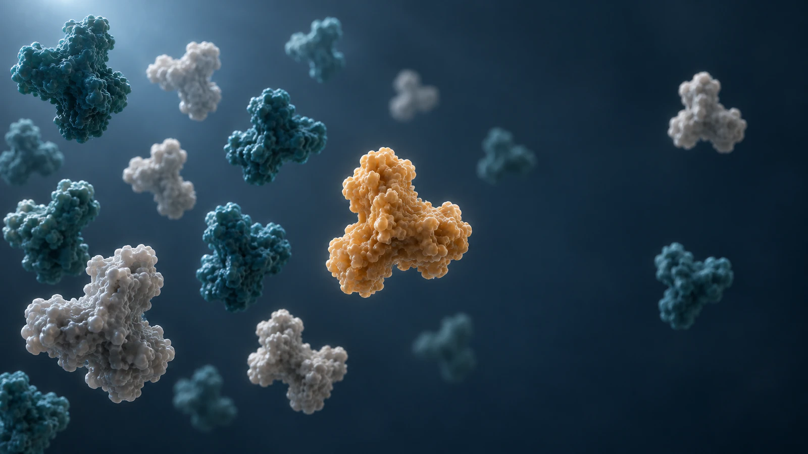 Independent teal, pearl and amber protein-like forms occupy an unevenly populated open volume.