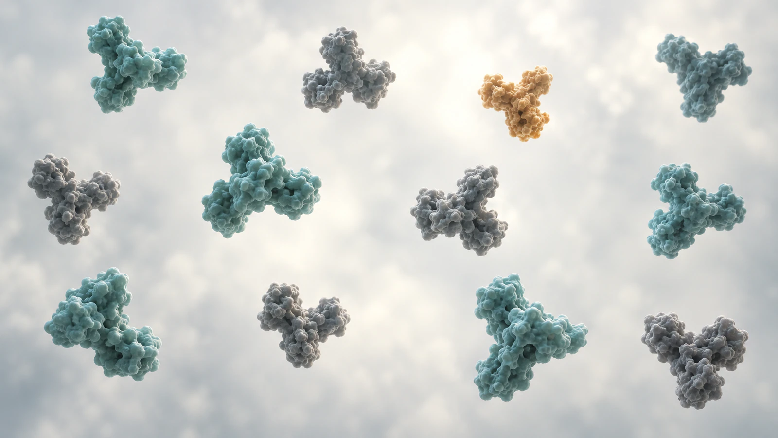 Separately oriented protein-like forms are distributed across a pale open volume with one amber accent.