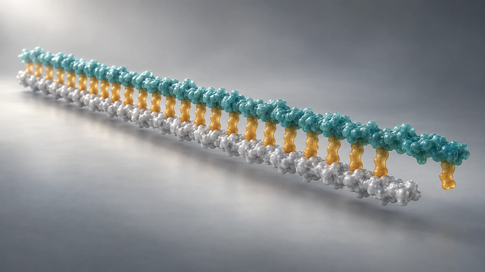 A long silver complementary segment lies beside a teal template with a small unpaired continuation on gray.
