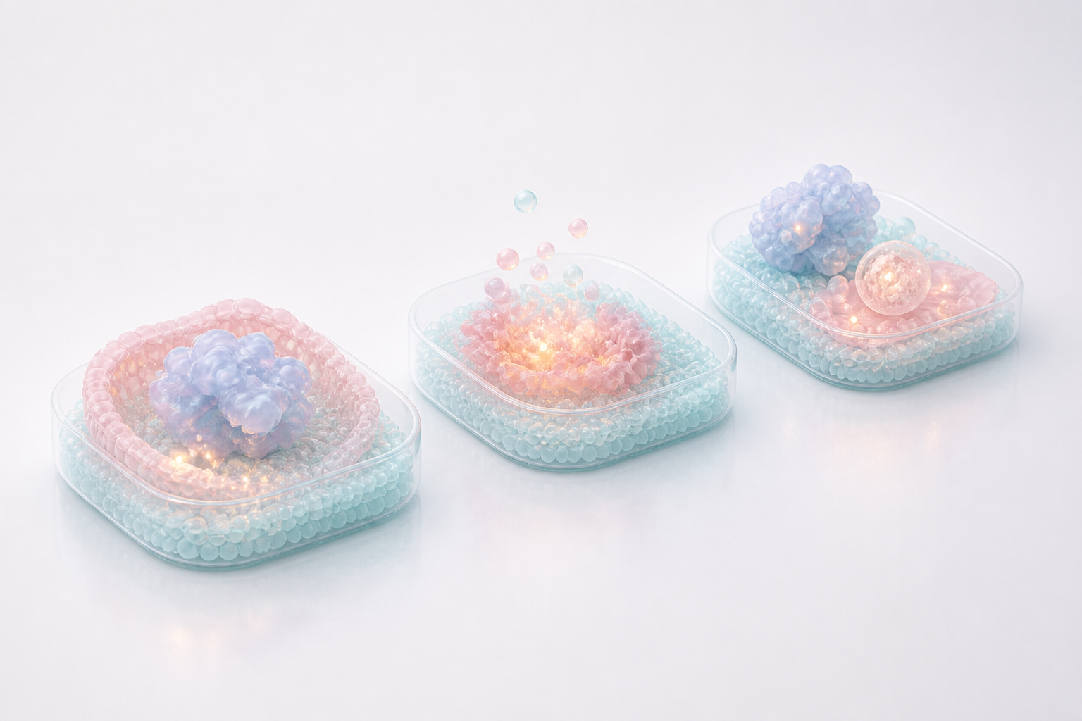 Three translucent pastel discovery scenes with biomolecular forms and warm assay glow points on a light studio background