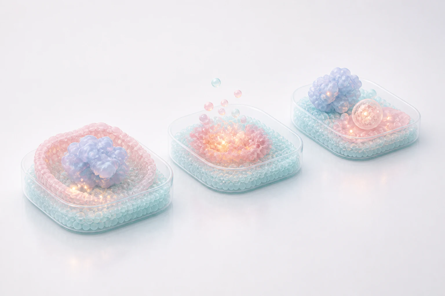 Three translucent pastel discovery scenes with biomolecular forms and warm assay glow points on a light studio background