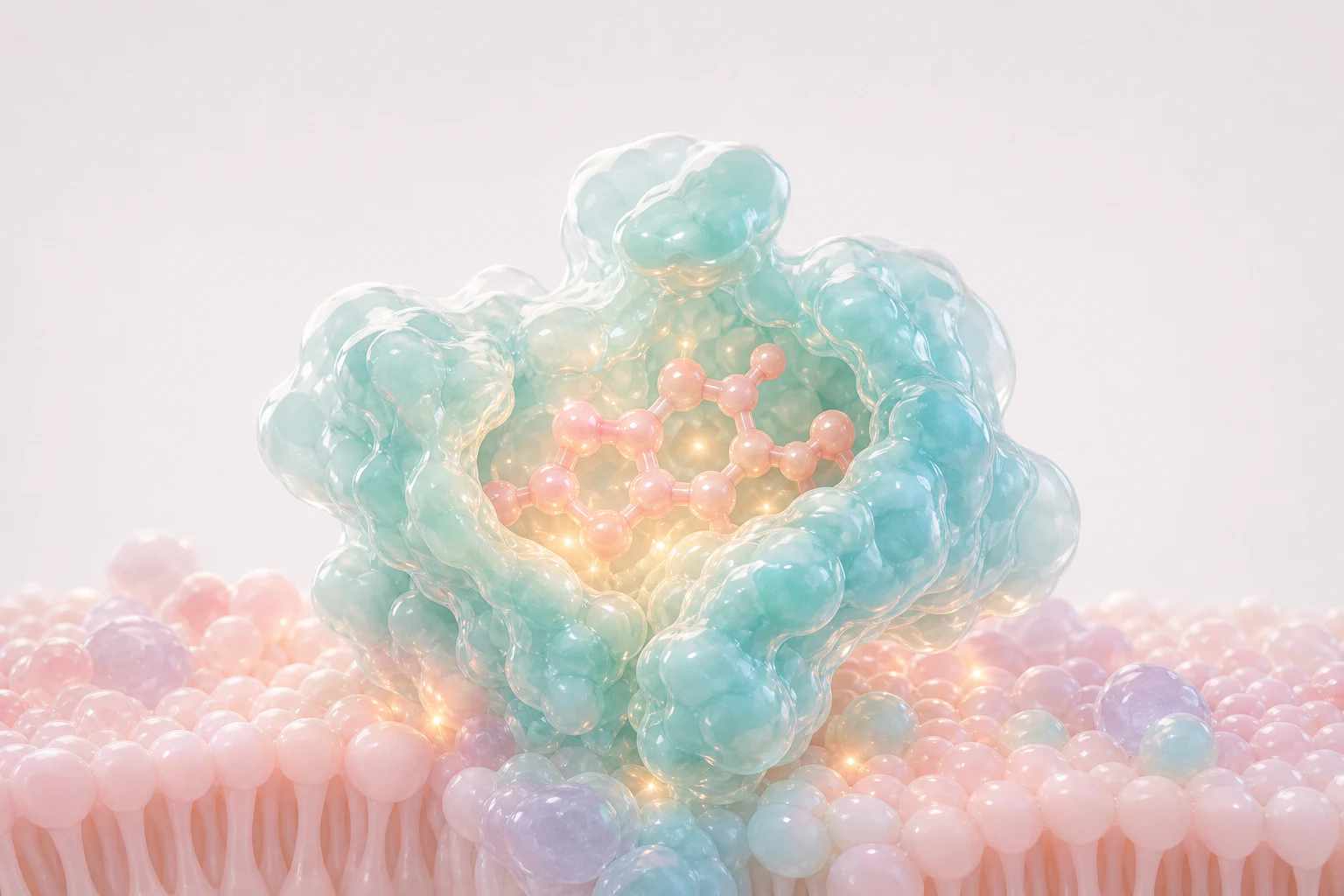 Glossy blush small molecule held inside a translucent aqua target pocket above pastel cellular membrane forms