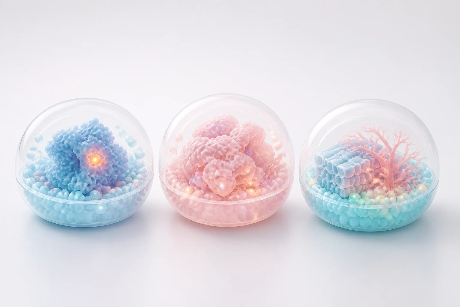 Three glossy translucent biomolecular capsules representing evidence, mechanism and platform communication assets