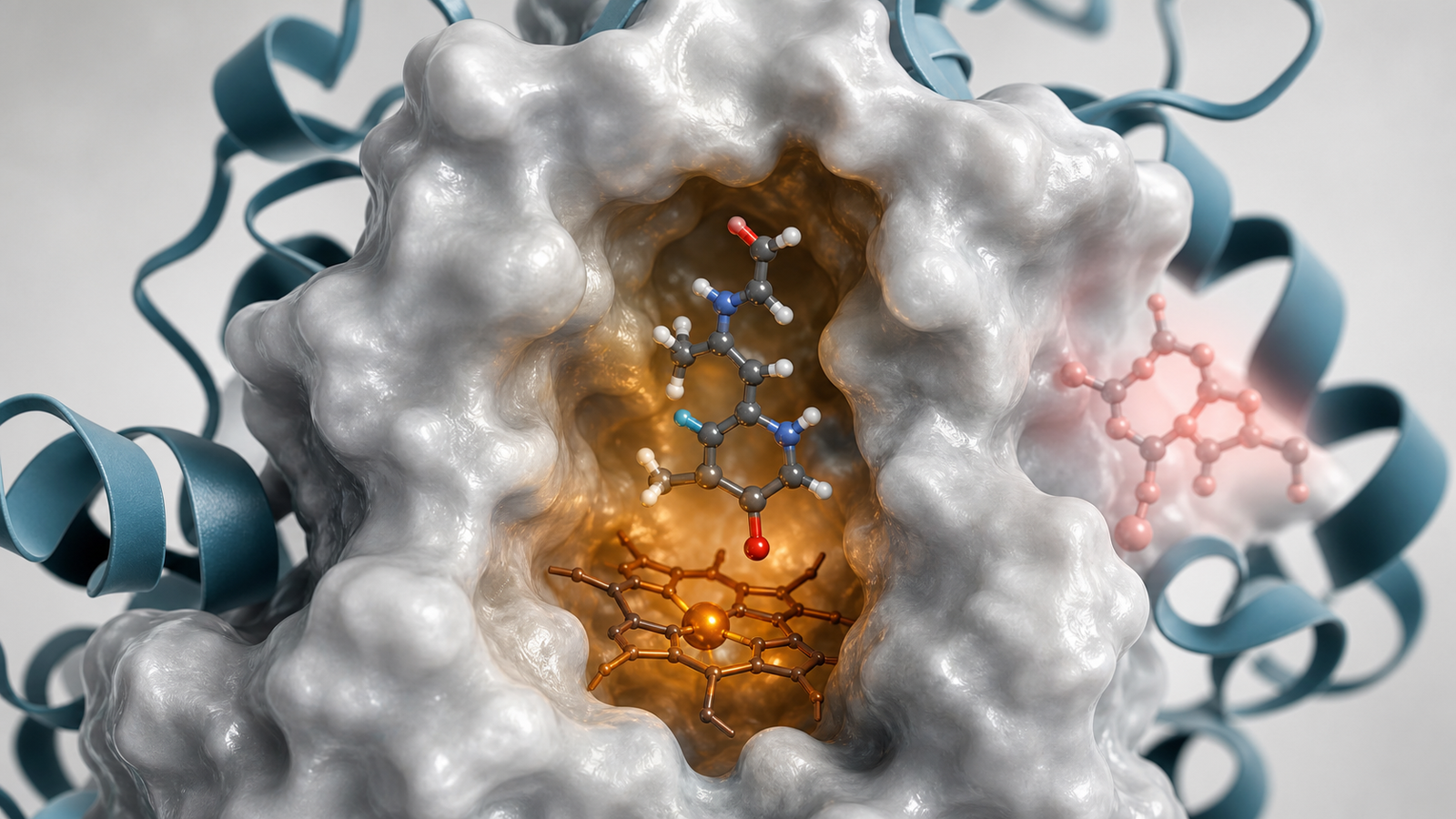 Wide 3D render of a CYP enzyme pocket with a small molecule near a warm active center for drug interaction risk visualization.