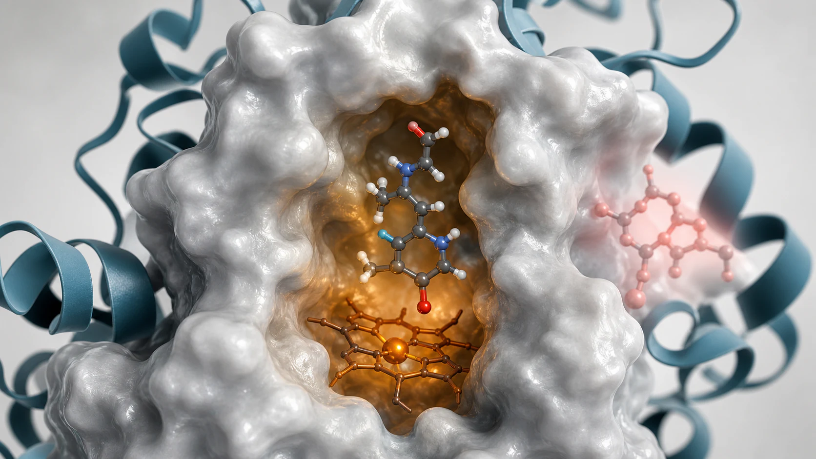Wide 3D render of a CYP enzyme pocket with a small molecule near a warm active center for drug interaction risk visualization.