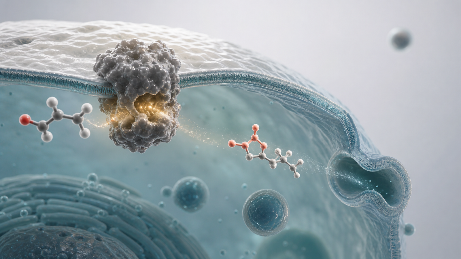 Wide 3D render of metabolite formation and clearance near a hepatocyte membrane.