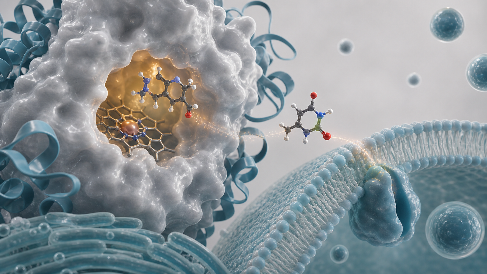 Wide 3D render of a reusable DMPK visual system with enzyme surface, parent drug, metabolite and membrane forms.
