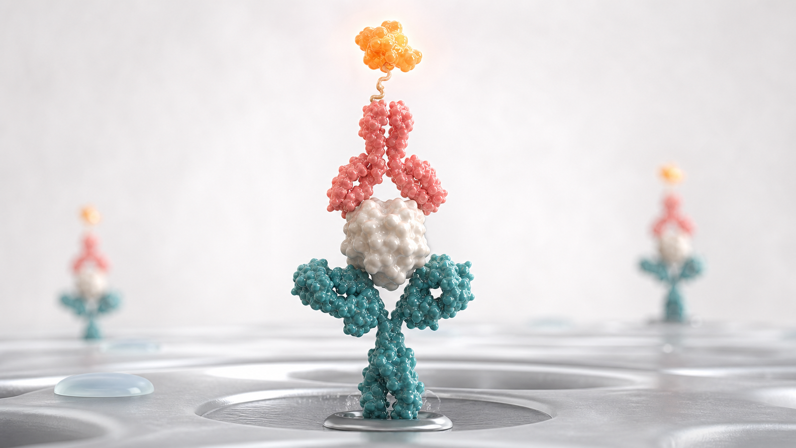 3D render of a sandwich ELISA antibody antigen capture complex above a clean assay well surface.