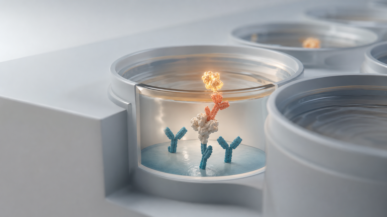3D render of a focused ELISA assay well with biomarker detection complex and restrained amber signal.