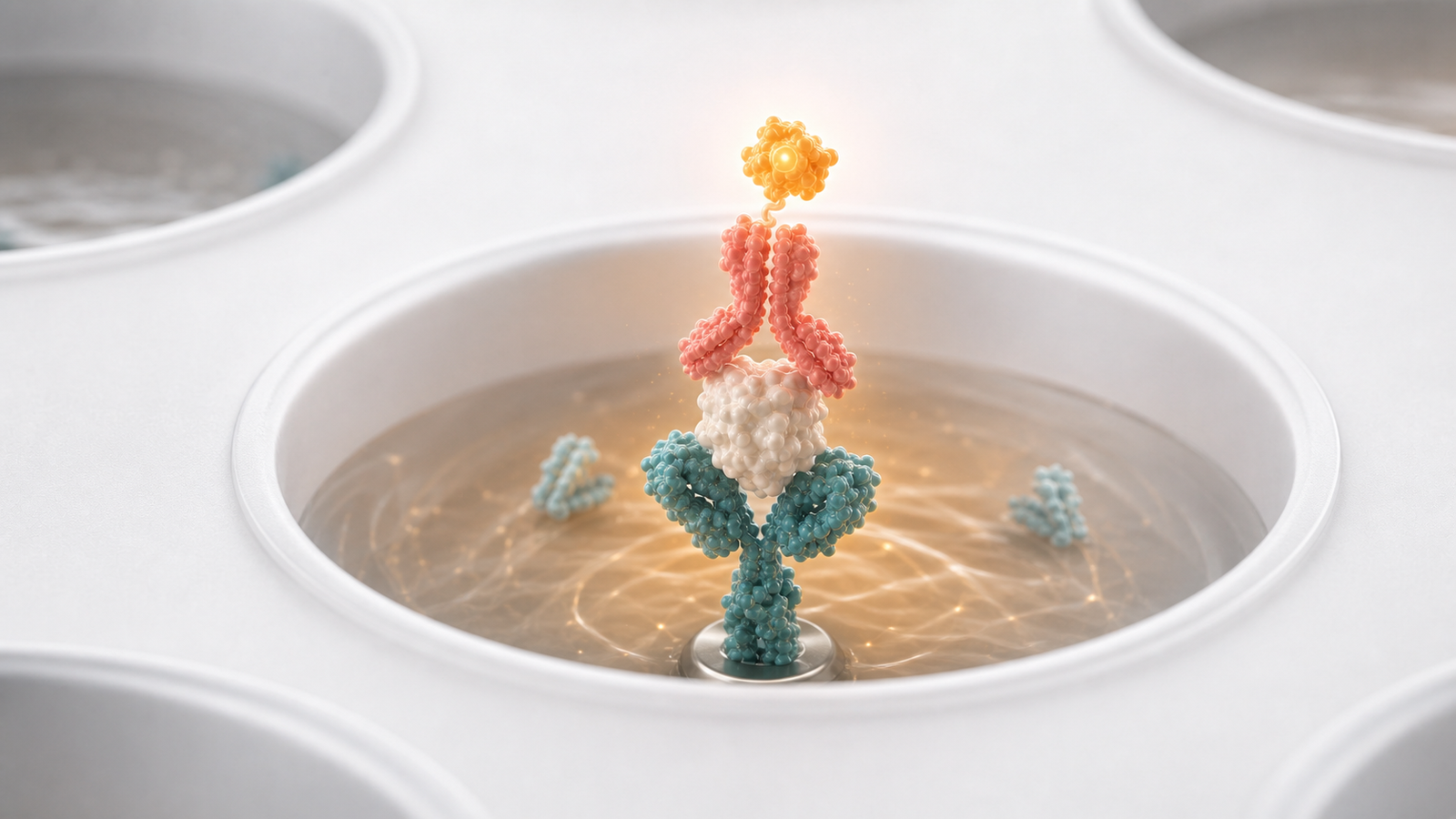 3D render of a single ELISA well with antibody capture complex and warm amber signal development.