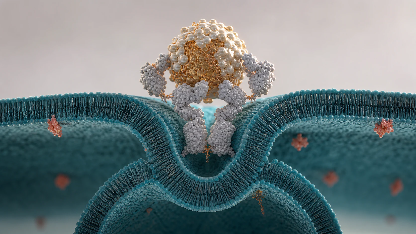 Wide 3D render of a receptor-cargo complex driving membrane curvature during receptor-mediated endocytosis.