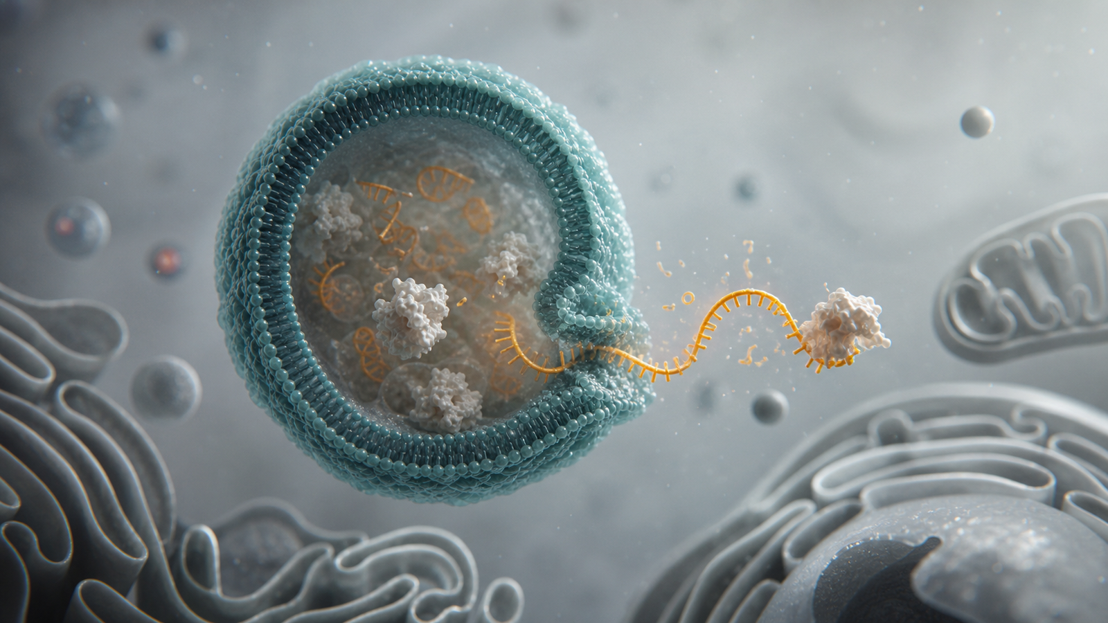 Wide 3D render of an endosomal vesicle releasing an amber RNA cargo into a simplified cellular volume.