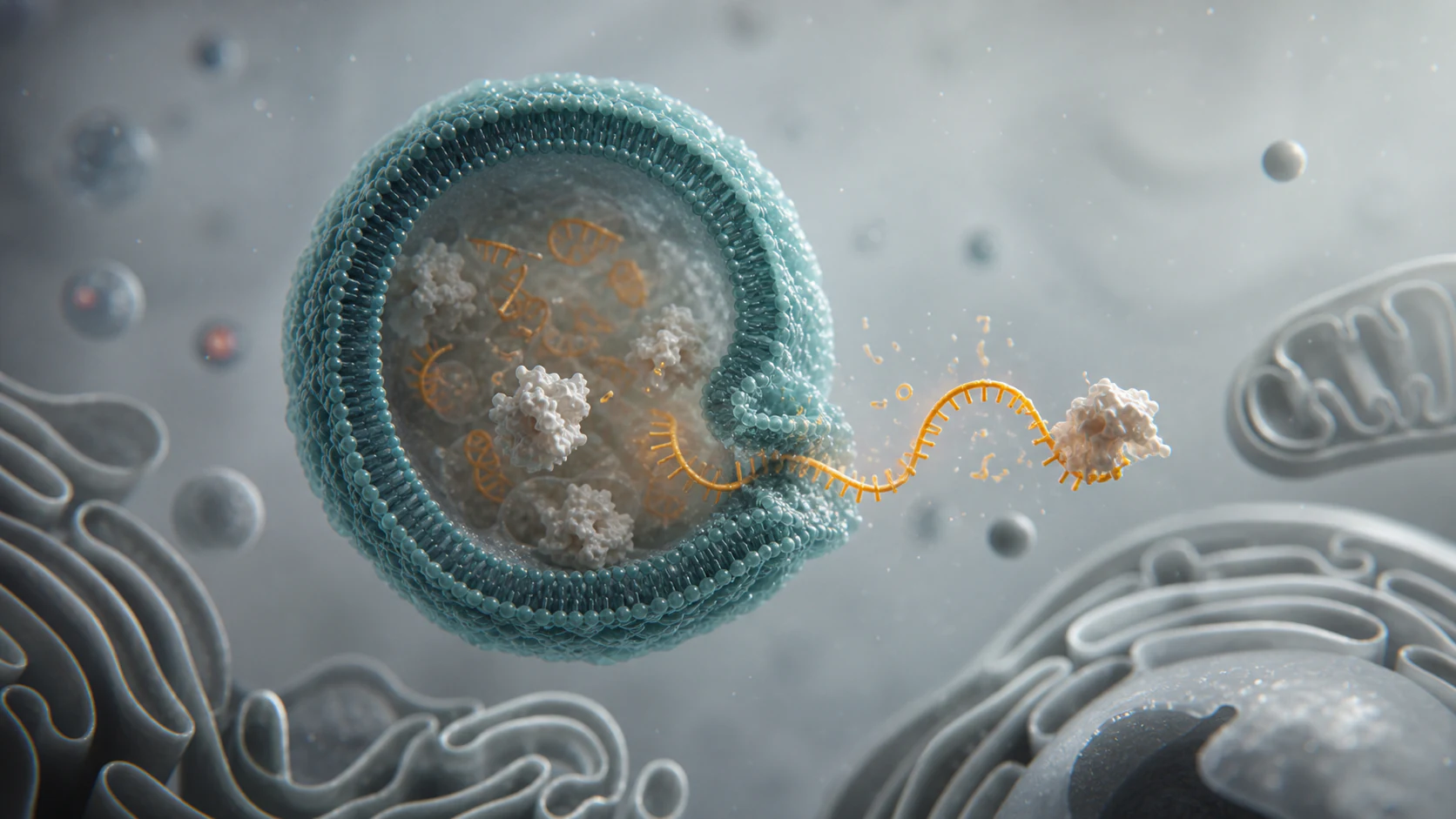 Wide 3D render of an endosomal vesicle releasing an amber RNA cargo into a simplified cellular volume.