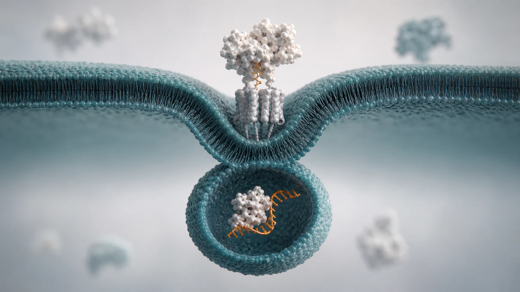 Wide 3D render of a membrane uptake platform scene with a receptor-cargo complex and internal vesicle.