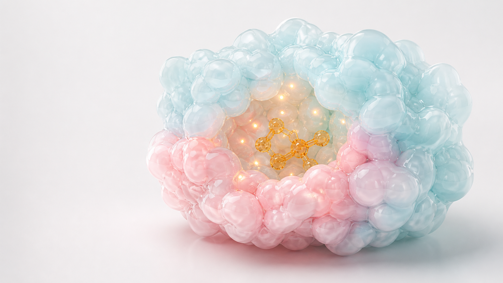 Pastel translucent enzyme active-site pocket holding a warm amber substrate molecule