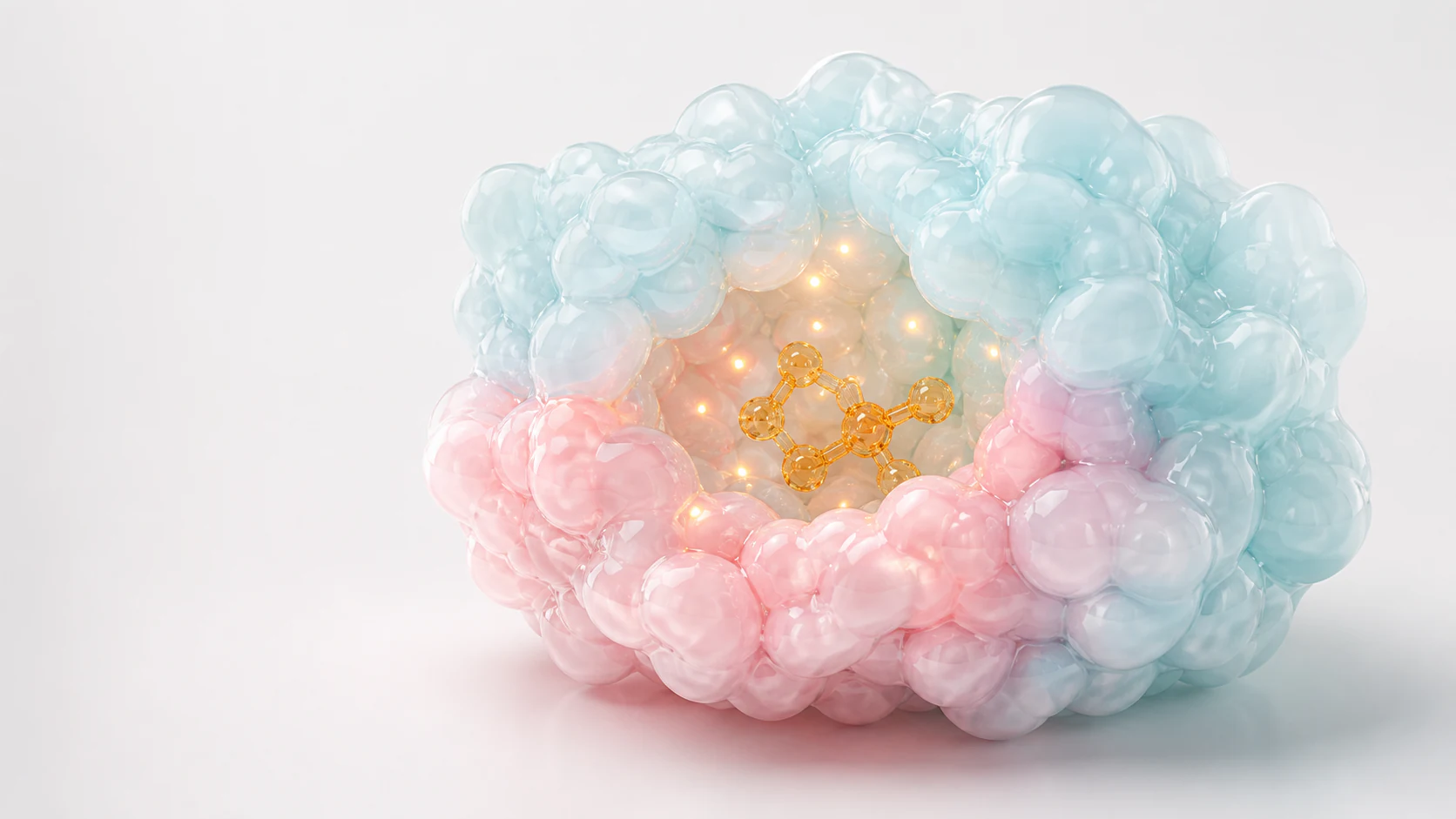 Pastel translucent enzyme active-site pocket holding a warm amber substrate molecule