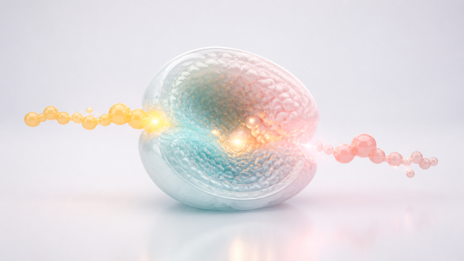 Translucent enzyme pocket showing a glowing substrate to product catalytic sequence